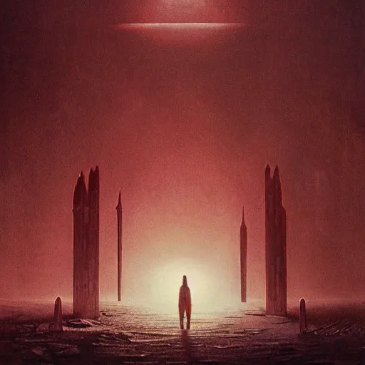 Prompt: astronaut standing in front of a big eerie hell cathedral on a destroyed planet, Zdzisław Beksiński style, black and red background, occult, photo realistic, dark atmosphere