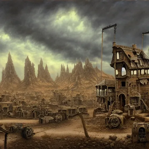 Image similar to a hyperrealistic painting of a steampunk village in the middle of a desert wasteland, blue skies, ominous clouds, by john kenn mortensen and zdzislaw beksinski, highly detailed, vivid color,