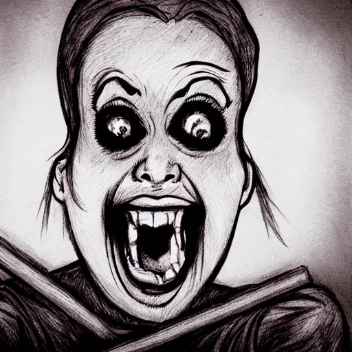 Prompt: a scary horror themed screaming woman, drawn with charcoal and pen and ink, half-tone-line-stacking