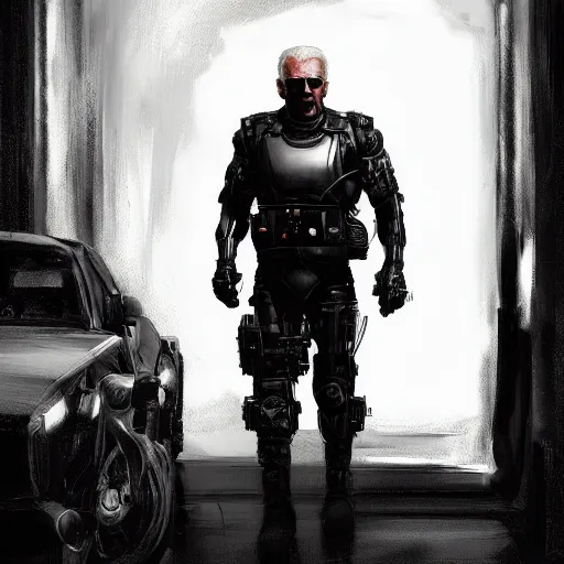 Prompt: joe biden as an evil T-800, dramatic lighting, cinematic, establishing shot, extremly high detail, photorealistic, cinematic lighting, artstation, style by James Gurney