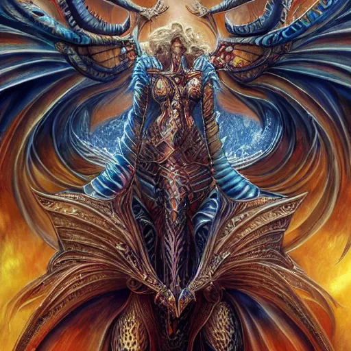 Image similar to a beautiful symmetrical muscular full body wearing a dragon armor with wings made of golden ornaments and gems, by alex gray and android jones , Karol Bak, Ayami Kojima, Amano , concept art, character design, fantasy,3D, 8k resolution