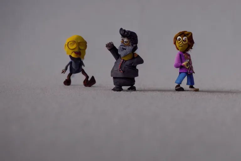 Prompt: cinematic screenshot of a stop motion claymation film about a wacky adventure starring george r r martin, shallow depth of field, 1 8 mm, f 1. 8