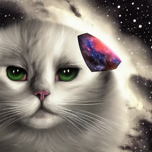 Prompt: a painting of a black and white cat in a cosmic scenic environment, hyperdetailed, beautiful, stars, planets, nebula, trending on artstation
