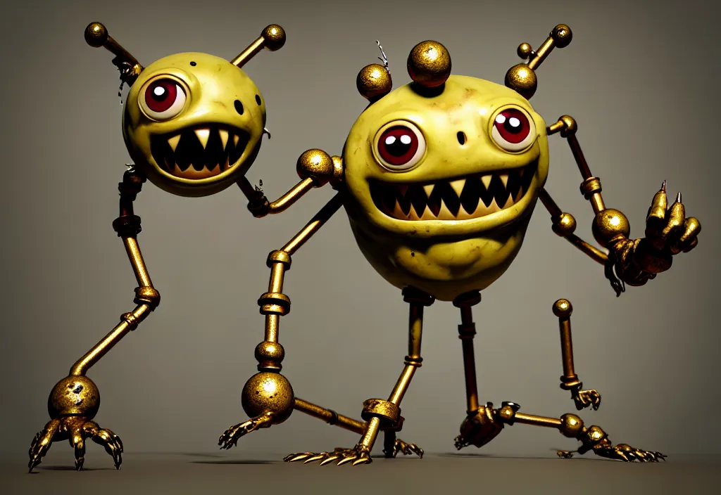 Image similar to , grotesque despair cute monster smooth paneling, one large gold eye intricate detail, style of pokemon, with damaged rusty arms, broken antenna, recycled, floating, white studio, oil, mechanical, toy, ambient light, in the style of pixar animation, pokedstudios, blender, octane render, 8 k, gediminas pranckevicius