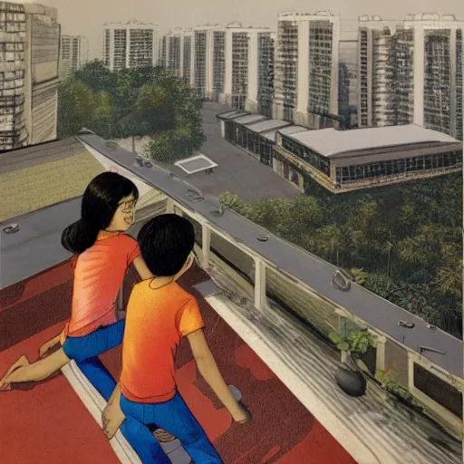 Prompt: art of two singapore students on the roof of a hdb flat, by moebius