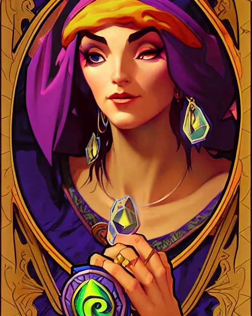 Prompt: renaissance gypsy fortune teller, comic cover painting, masterpiece artstation. 8 k, sharp high quality artwork in style of wayne reynolds, alphonse mucha, greg rutkowski, and don bluth, concept art by jack kirby, blizzard warcraft artwork, hearthstone card game artwork