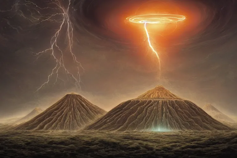 Image similar to the primordial chaos maelstrom, giant looming Aztec pyramids with moons and planets behind lightning arcs from clouds of pyroclastic flow, volcanoes and a single cosmic Yggdrasil bonsai tree by Jessica Rossier and HR Giger