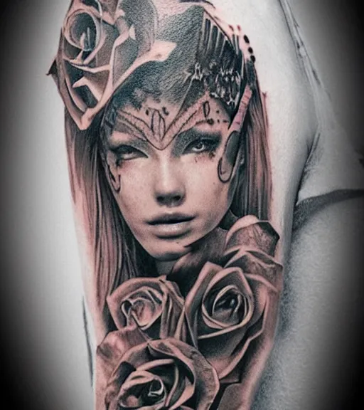 Image similar to tattoo design on white background of a beautiful girl warrior, roses, hyper realistic, realism tattoo, by eliot kohek