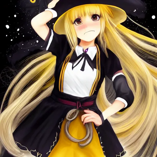 Prompt: Portrait of Marisa Kirisame is young witch with blonde hair with single braid and golden yellow eyes, wearing black vest and skirt, white waist apron and undershirt, and pointed black witch hat, Touhou character illustration by Yoshitaka Amano Oskar Shlemmer Artstation Pixiv