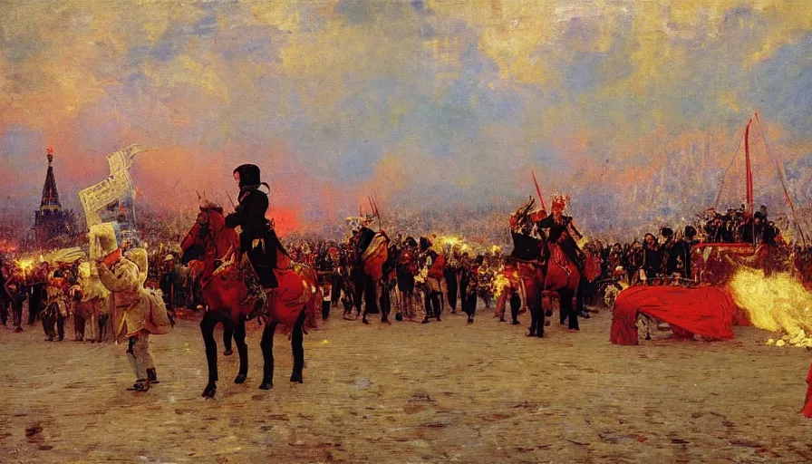 Prompt: moscow ablaze as napoleon approaches, by ilya repin [ wide painting ]