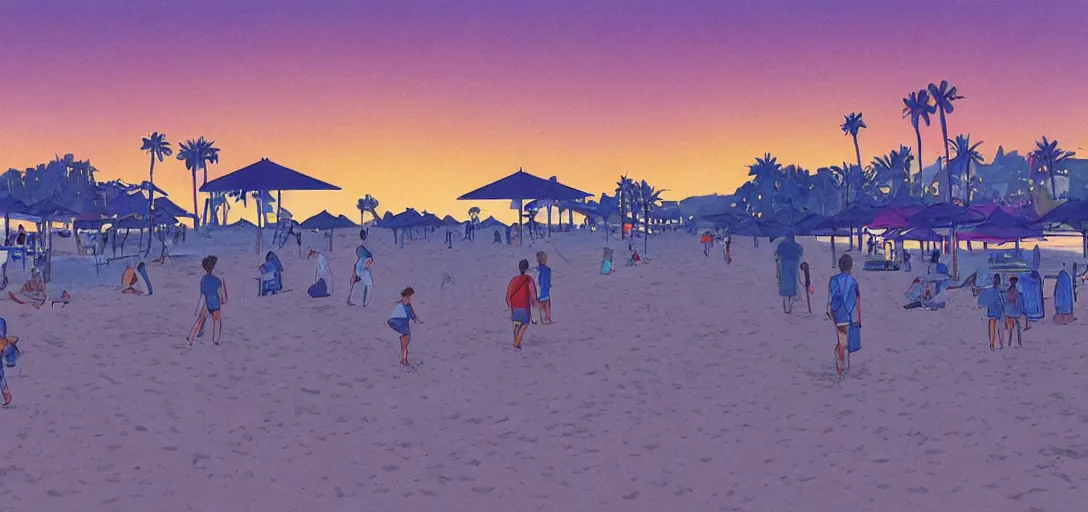 Image similar to futuristic local beach at l. a., beachfront boardwalk, visual development by lou romano, evening at dusk, santa monica state beach