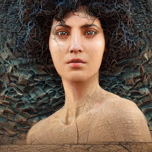 Prompt: portrait of a mesopotamian woman with thick black curls and bangs standing inside sandstone ruins intricate portrait by Tooth Wu and wlop and beeple and Dan Mumford. Octane render, trending on artstation, greg rutkowski very coherent symmetrical artwork. Cinematic, hyper realism, high detail 8k