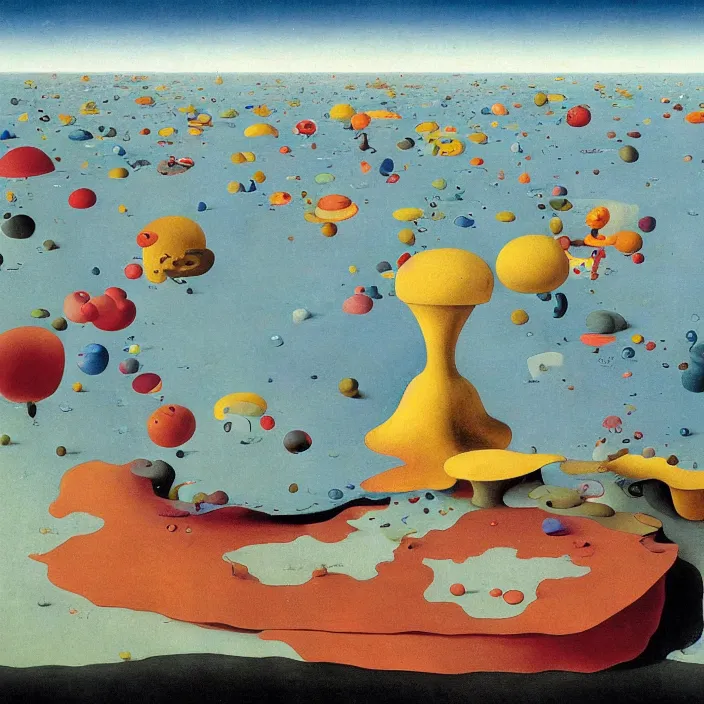 Prompt: the first color getting out of the primordial ocean to walk on land. codex seraphinianus. painting by yves tanguy, jan van eyck, moebius, walton ford, rene magritte