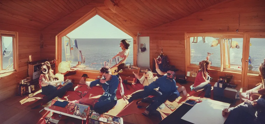 Image similar to first-person perspective view of happy people wearing discowear having a party inside of a 1970s luxury a-frame cabin with a soviet computer console on the wall, large windows, an exterior of a sunlit ocean beach, ektachrome photograph, f8 aperture