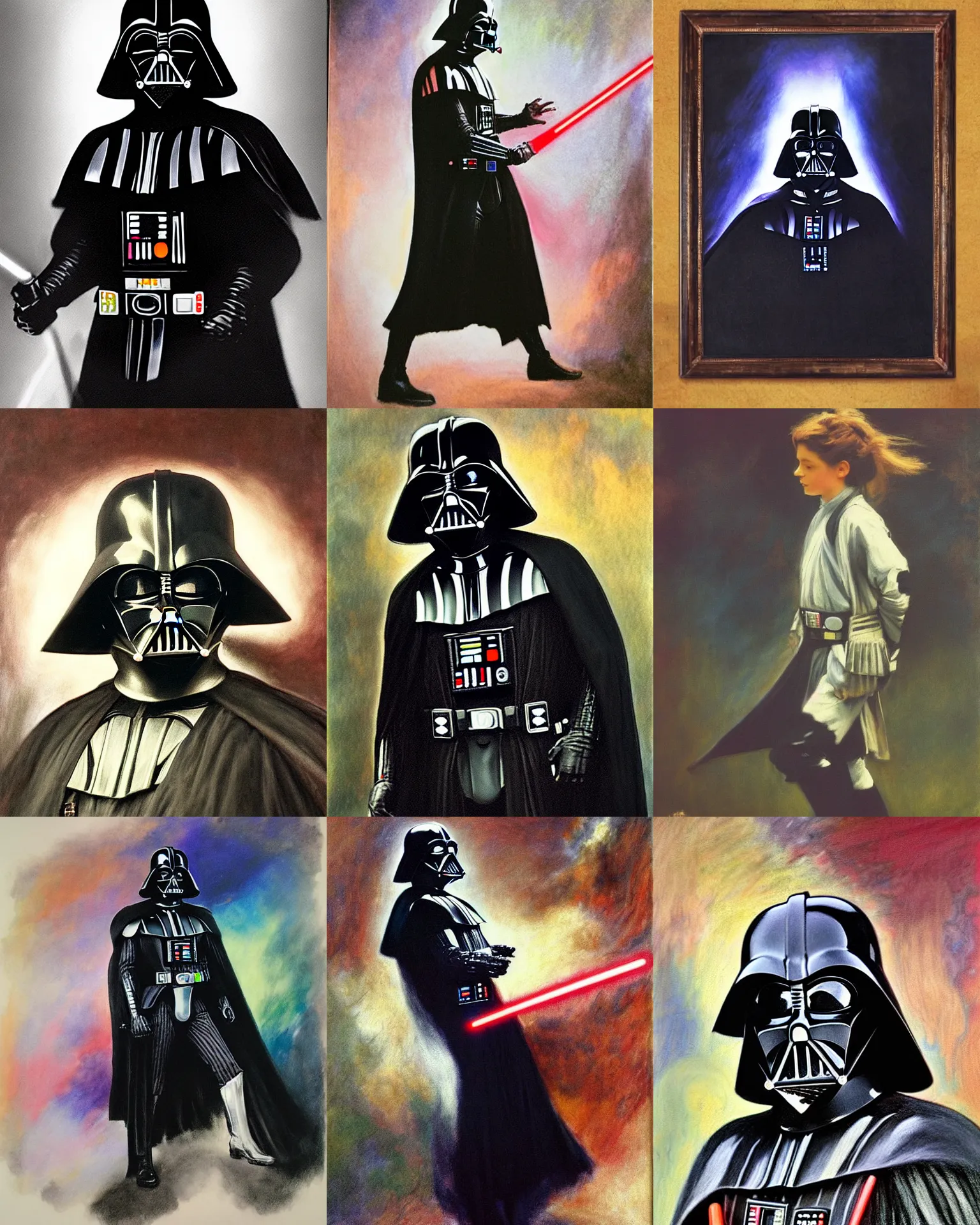 Prompt: darth vader, colored chalk portrait painting by john singer sargent, thomas moran, edmund dulac, fans hals, alphonse mucha, fashion photography, fully clothed