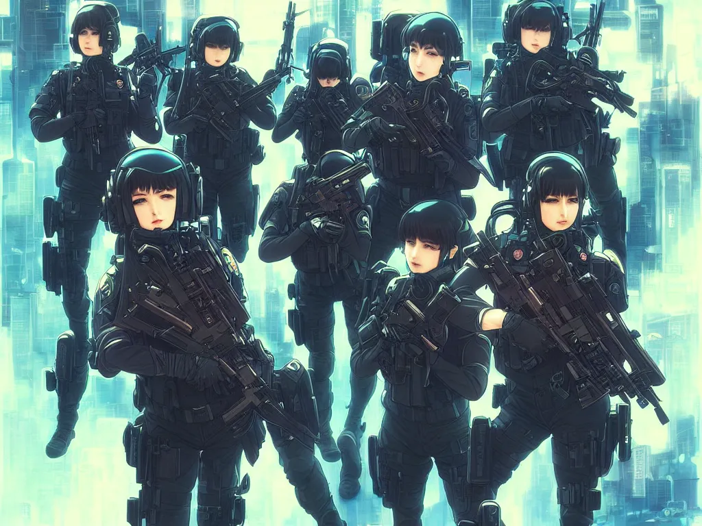 Image similar to anime key visual of a team of multiple female swat officer ready to attack, neon, cyberpunk, futuristic, stunning, highly detailed, digital painting, smooth, soft focus, illustration, movie poster, japanese typography, digital art from artstation by artgerm and greg rutkowski and alphonse mucha