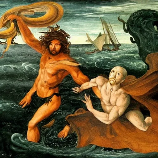 Prompt: a kraken fighting a powerful wizard, renaissance painting