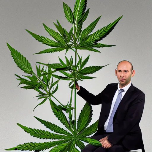 Image similar to naftali Bennett holding a giant marijuana plant, amazing digital art, highly detailed