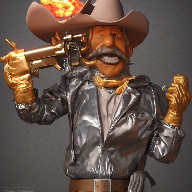 Prompt: octane render portrait by wayne barlow and carlo crivelli and glenn fabry, a man wearing a giant foam cowboy mascot costume holding a giant reflective shiny chrome revolver with smoke coming out of the barrel, cinema 4 d, ray traced lighting, very short depth of field, bokeh