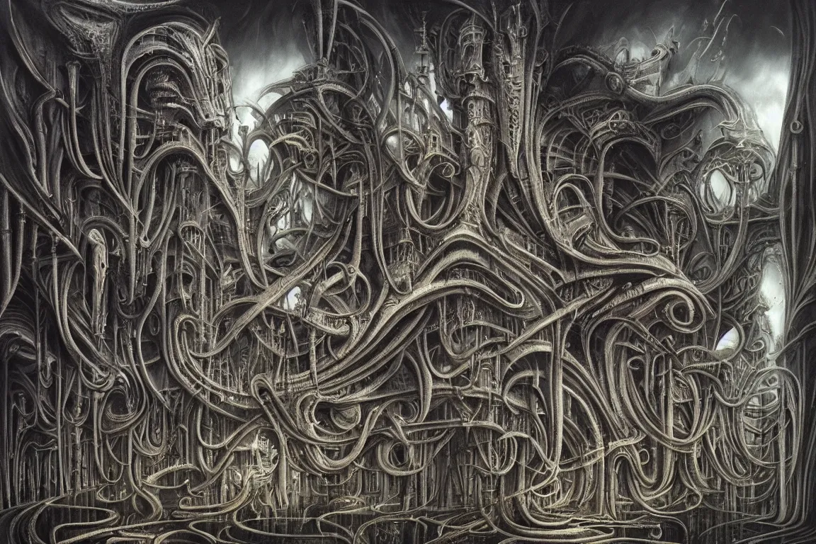 Prompt: A very detailed nightmarish dreamscape with surreal architecture, surrealism, monochromatic airbrush painting, style of H. R. Giger