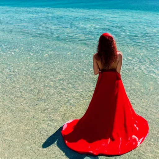 Image similar to woman with waving long hair, satin red dress, waist deep in the ocean, back view, first person view