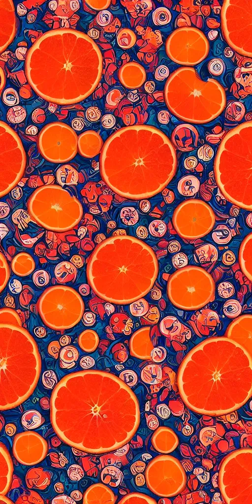 Image similar to a seamless repeating pattern of campari and oranges, colourful, symmetrical, repeating 35mm photography, in the style of toiletpaper magazine, surreal, high detail, photograph by Pierpaolo Ferrari