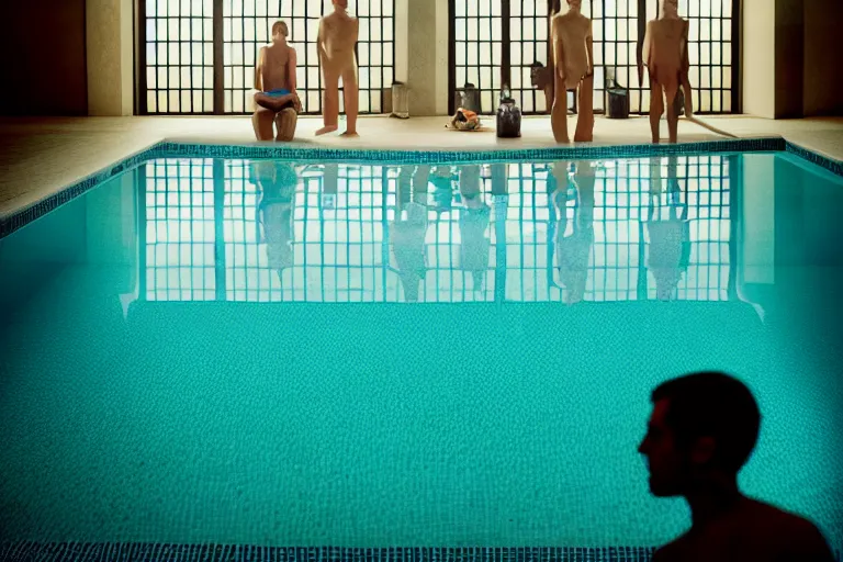 Prompt: portrait at an indoor swimming pool, photography by gregory crewdson, cinematic, elegant, real dlsr photography, sharp focus, 4 k, ultra hd, sense of awe