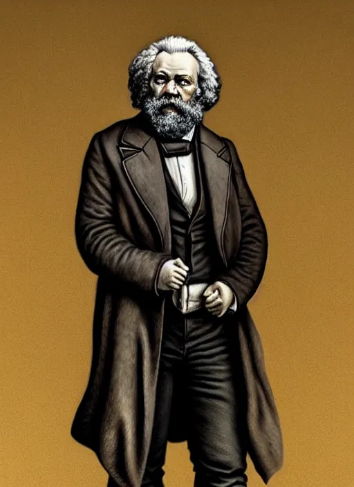 Image similar to a detailed full body painted portrait of karl marx by artist hadi karimi, wlop, artgerm, greg rutkowski, smirk expression, dramatic lowkey studio lighting, accurate skin textures, hyperrealism, aesthetically pleasing and harmonious vintage colors