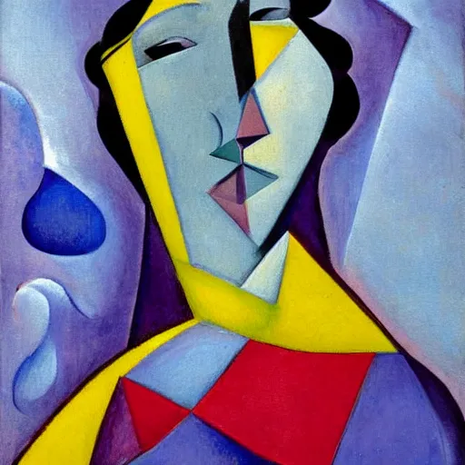 Image similar to woman in glorious robes rose up vast as the skies, old as the mountains and formless as starlight to shelter the precious memories, matter, messages, abstract art in the style of cubism and georgia o keefe