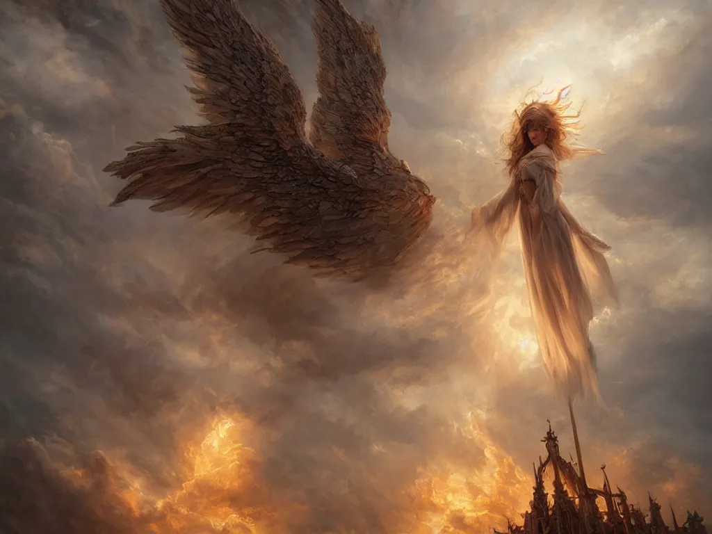 Prompt: angel carries a burning man in the clouds, fantasy art, award winning, dark fantasy, fantasy magic, intricate, elegant, sharp focus, cinematic lighting, highly detailed, digital painting, concept art, art by wlop and artgerm and greg rutkowski, masterpiece, trending on artstation, 8 k