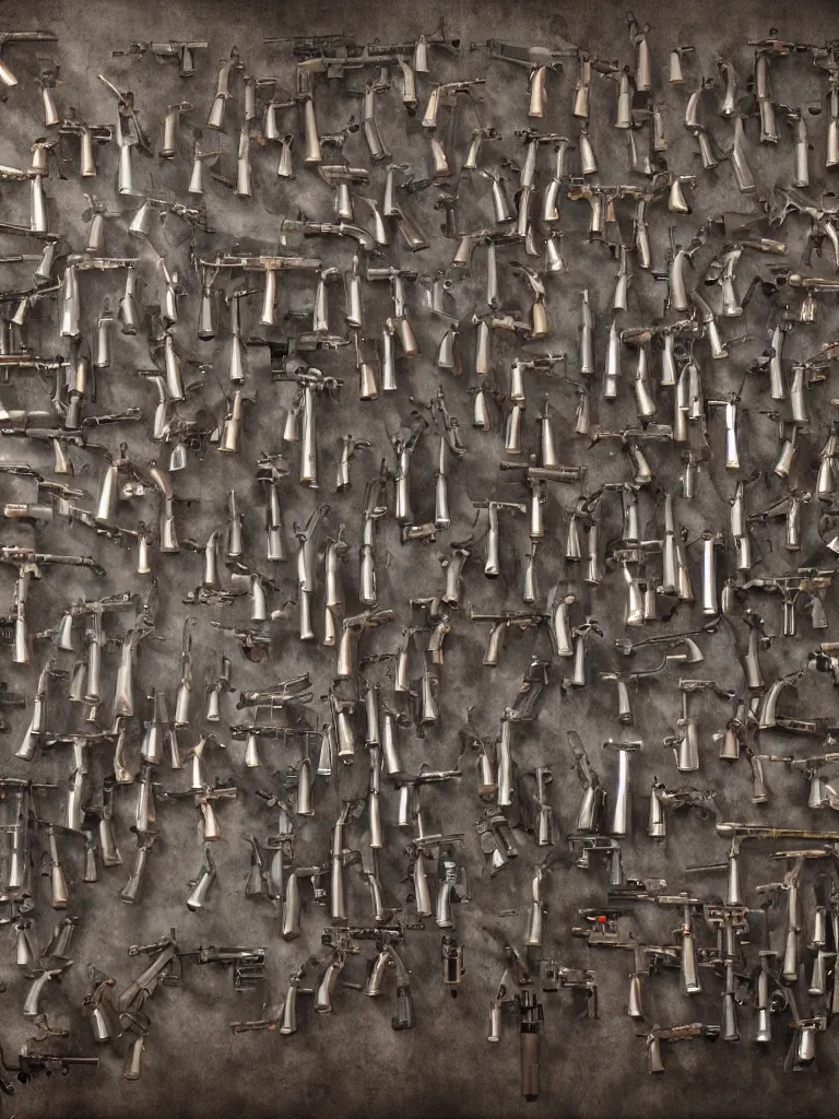 Prompt: wall made of firearms rifles shotguns revolvers and bullets, ultrarealistic, intricate details, 4k, concept art, digital painting