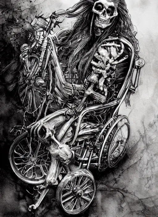 Image similar to portrait, A long haired biker skeleton in a wheelchair, watercolor, dramatic lighting, cinematic, establishing shot, extremely high detail, foto realistic, cinematic lighting, pen and ink, intricate line drawings, by Yoshitaka Amano, Ruan Jia, Kentaro Miura, Artgerm, post processed, concept art, artstation, matte painting, style by eddie mendoza, raphael lacoste, alex ross