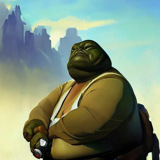 Prompt: greg manchess portrait painting of jabba the hutt as overwatch character, medium shot, asymmetrical, profile picture, organic painting, sunny day, matte painting, bold shapes, hard edges, street art, trending on artstation, by huang guangjian and gil elvgren and sachin teng