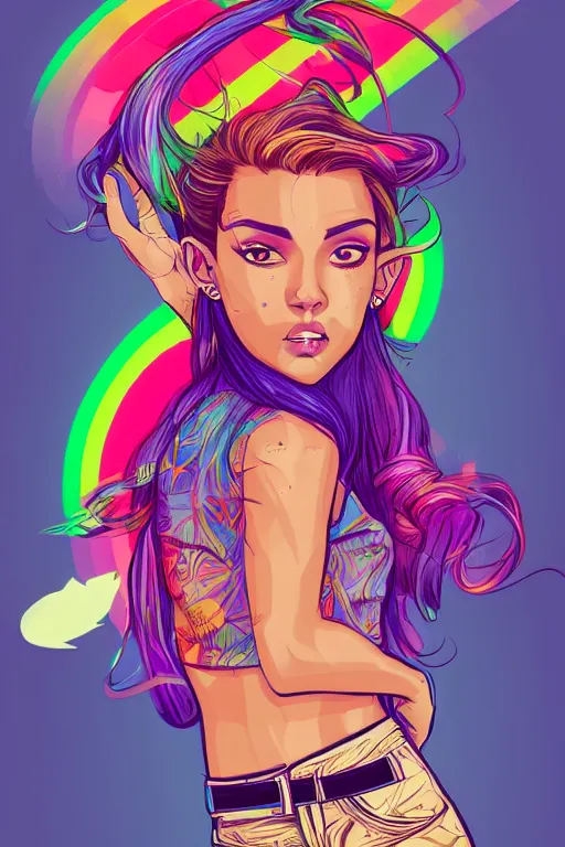 Prompt: a award winning half body portrait of a beautiful woman with stunning eyes in a printed croptop and cargo pants with rainbow colored ombre hairstyle head in motion and hair flying by josan gonzales, outrun, vaporware, shaded flat illustration, digital art, trending on artstation, highly detailed, fine detail, intricate