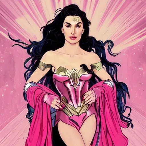 Image similar to a moderne painting of gal gadot as the pink power ranger in the style of charlie bowater, and in the style of alphonse mucha. sharp focus, semi - realism, intricate detail.