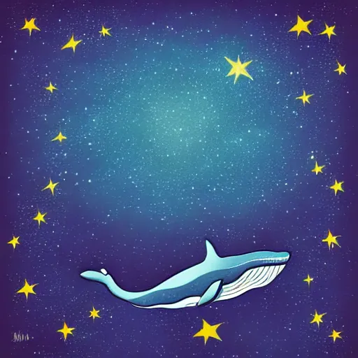 Prompt: portrait of whale swimming on a starry night sky, swimming across the universe, oniric, dreamy, stylized, beautiful,