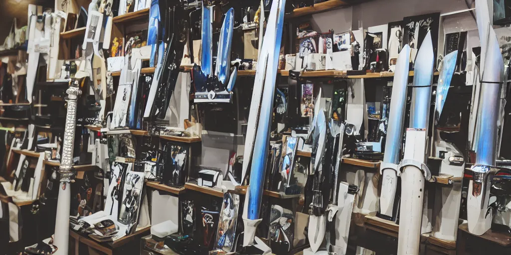 Prompt: a photo of a clean alien sword shop, futuristic, holographic, 8k, sharp focus, fujifilm