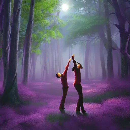 Prompt: Movie poster artwork in purple by Michael Whelan and Yuji Hamada, Rendering of several lovely hearts dancing in a budhist forest, by Makoto Shinkai, Matte painting, trending on artstation and unreal engine