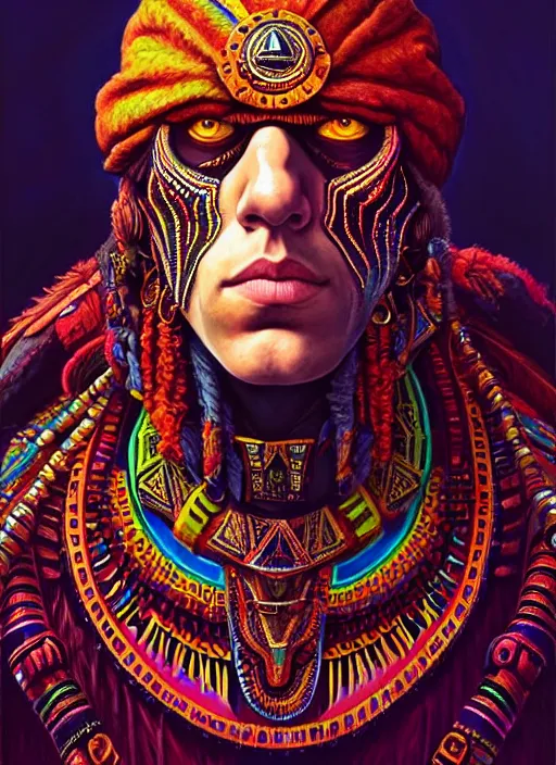 Image similar to portrait of jesse eisenberg, hyper detailed ultra sharp aztec shaman warrior. trending on artstation, warpaint aesthetic, bloodwave, colorful, psychedelic, ornate, intricate, digital painting, concept art, smooth, sharp focus, illustration, art by artgerm and greg rutkowski and h. r. giger, 8 k
