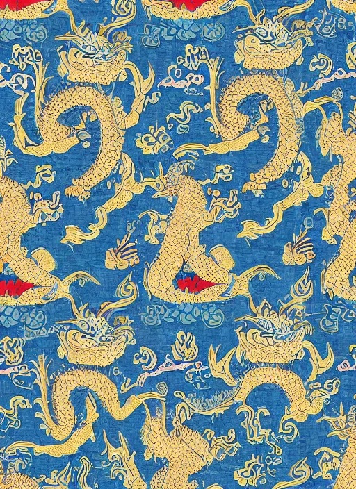 Image similar to ancient dragon and flowers fabric design pattern, 4 k