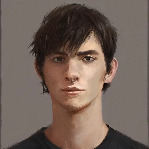 Image similar to Portrait of a man by Greg Rutkowski, he is about 20 years old, mixture between french ans spanish, short brown hair with bangs, manly, attractive, wide forehead, sturdy, he is horrified but resigned looking at the computer screen knowing the schedule for the second semester, he is wearing a black t-shirt, highly detailed portrait, digital painting, artstation, concept art, smooth, sharp foccus ilustration, Artstation HQ