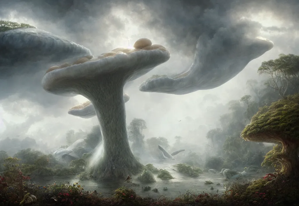 Prompt: floating lands in-clouds, foggy, volumetric fog, flying whales, sun beams, blooming, bird flocks!!, giant mushrooms, waterfalls, lianas and roots; by Tom Bagshaw, Ivan Shishkin, Hans Thoma, Asher Brown Durand