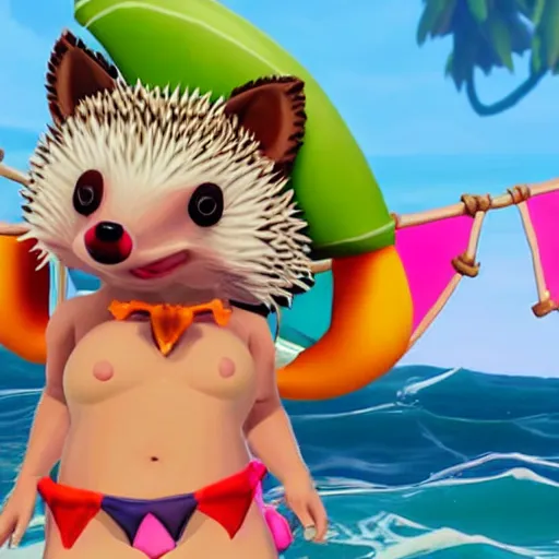 Image similar to hedgehog in a bikini in sea of thieves, hedgehog wearing a bikini, cute, colourful, happy, adorable, funny