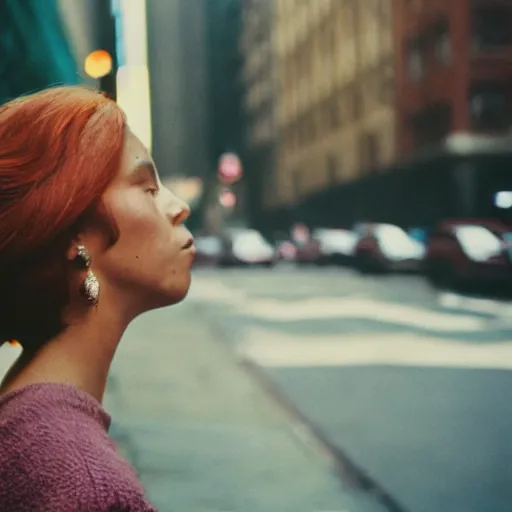 Image similar to medium format film candid portrait of a woman in new york by street photographer, 1 9 6 0 s, depth of field woman portrait featured on unsplash, photographed on colour expired film