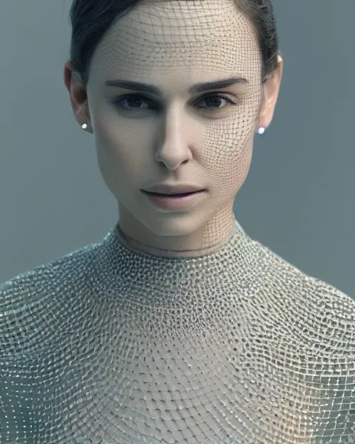 Image similar to 3 d render of nathalie portman wearing a high fashion outfit, octane render, intricate, elegant, by alyssa monks, highly detailed, fine details, masterpiece, trending on artstation