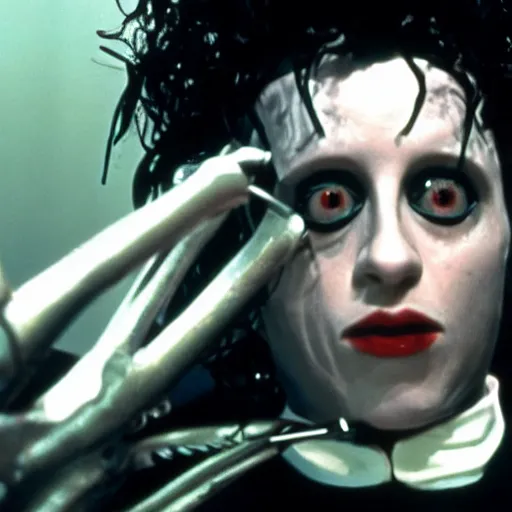 Image similar to a still of Edward ForkHands, in the film Edward Scissorhands, UHD, stylistic, film, horror