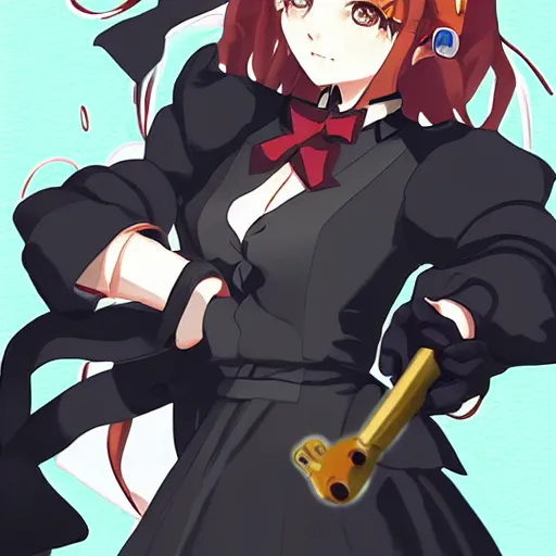 Prompt: a picture of beatrice from the visual novel umineko holding a gun, trending, aesthetic, illustration, award wining details