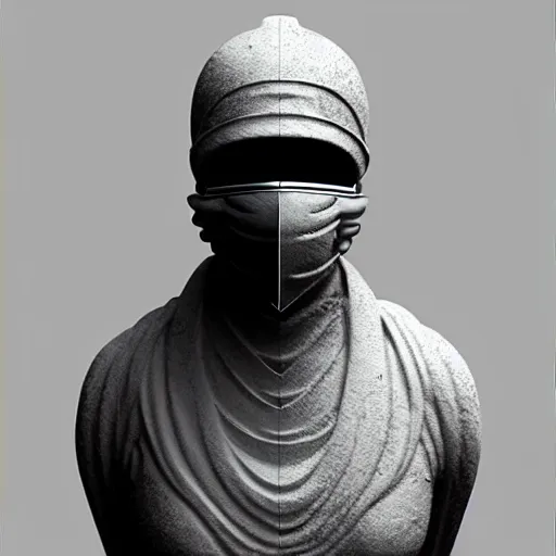 Image similar to 3 d octane rendering, marble statue of ninja wearing full face mask and hunter hat, vfx art, sharp, detailed, pinterest, unreal engine, behance, technological, octane render