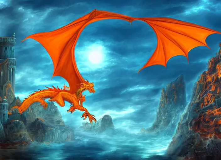 Image similar to orange dragon flying in atlantis, digital wallpaper, dragon, castle, fantasy art, digital art, artwork, perspective, detailed