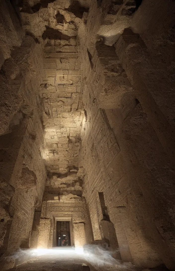 Image similar to punisher symbol is giant entrance into ancient egyptian temple with luminous smoke and light rays.